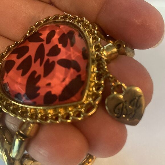 Betsey Johnson Pink Animal Print Heart Stretch Gold Link Bracelet - Picture 8 of 8